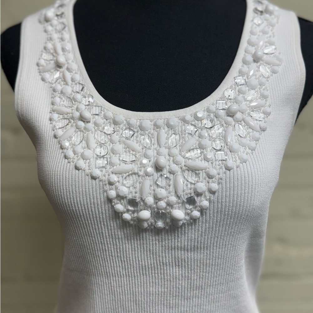 Ruby Rd White Bead Embellished Ribbed Knit Tank Top, Size Petite XL